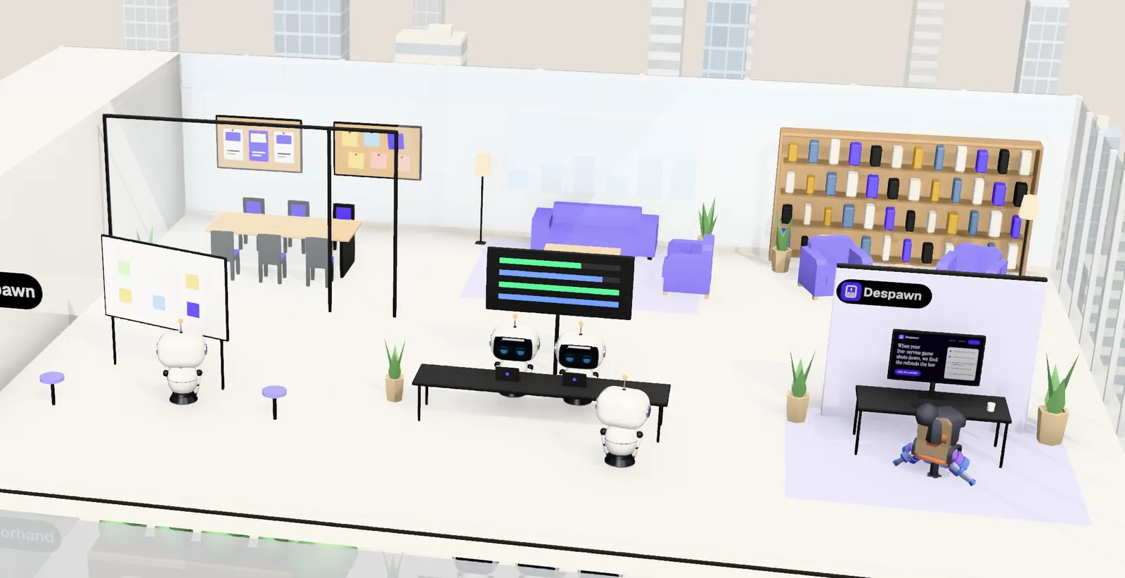 Despawn’s office on floor 8 of Tower 2: the owner’s desk with the website on screen, the agents’ bench, a meeting room and a library